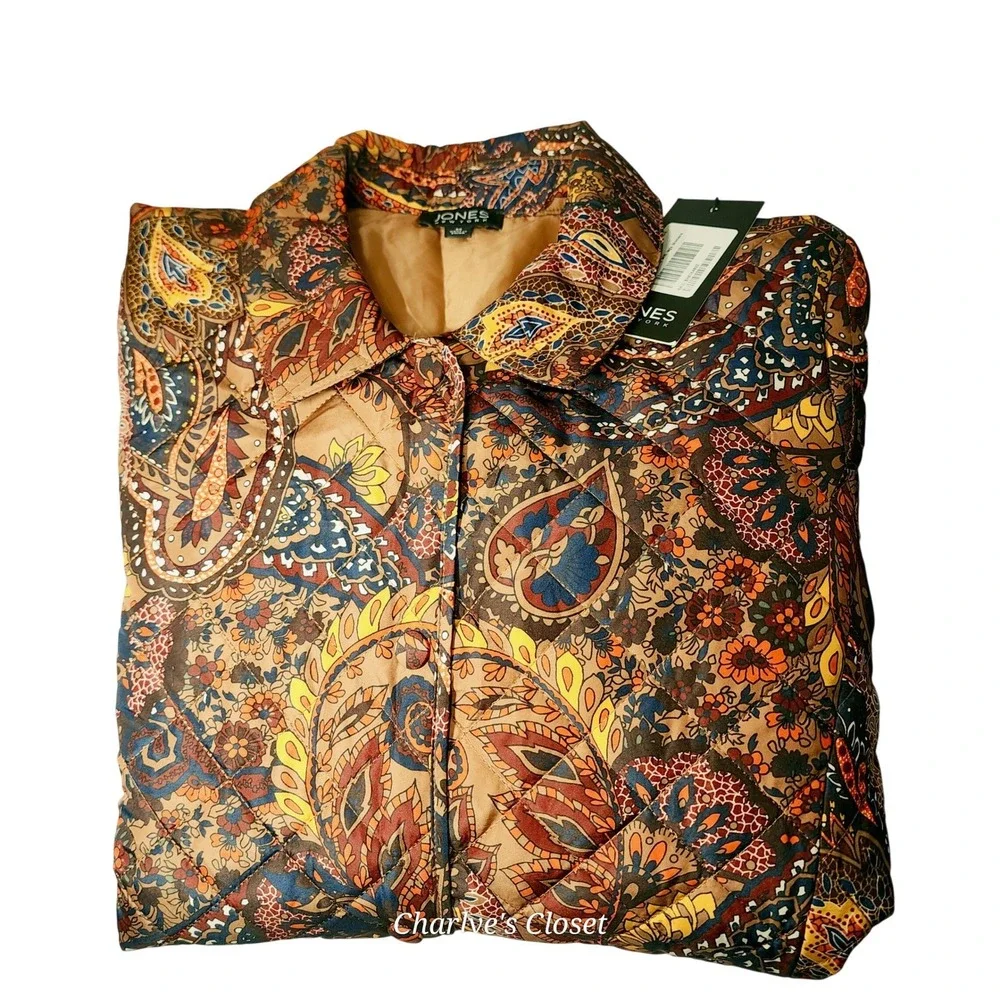 Jones New York Caramel Multi Paisley Quilted Travel Jacket M NWT